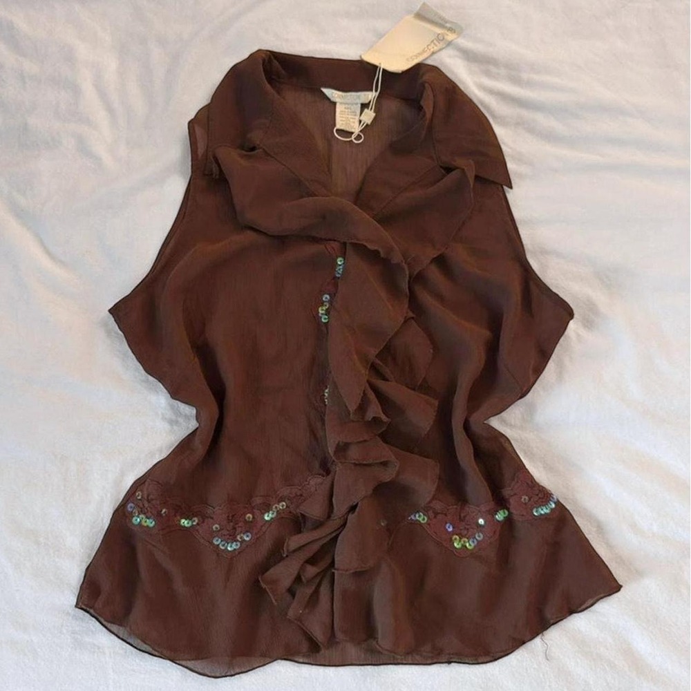 Connection 18 Dead-stock Brown sheer blouse with sequins and ruffles